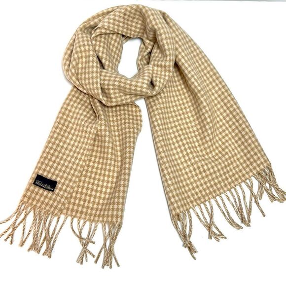 Brooks Brothers Men’s Wool Scarf Tan Ivory Plaid Made in Scotland Vintage - Picture 1 of 7